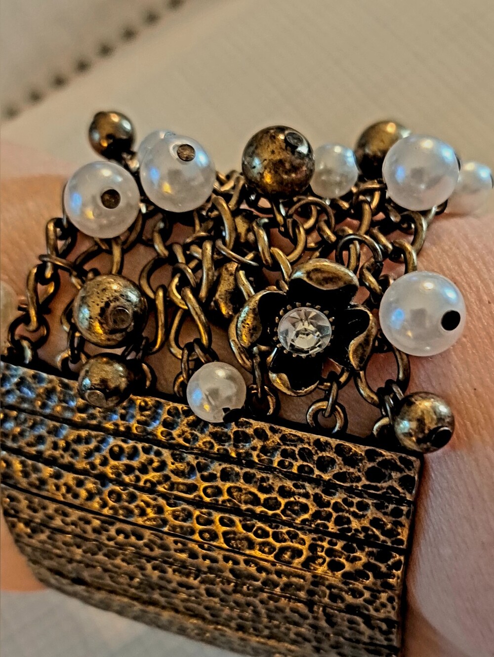 Antique Gold Floral Pearl Charm Stretch Bracelet